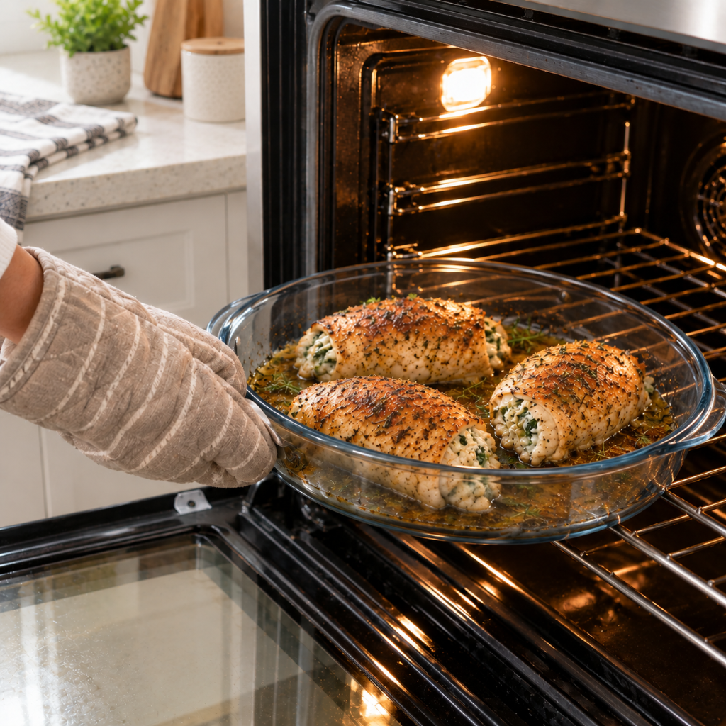 Searing stuffed chicken rolls in a skillet before finishing them in the oven