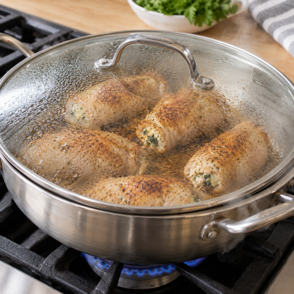 Covered skillet with stuffed chicken rolls simmering gently on low heat