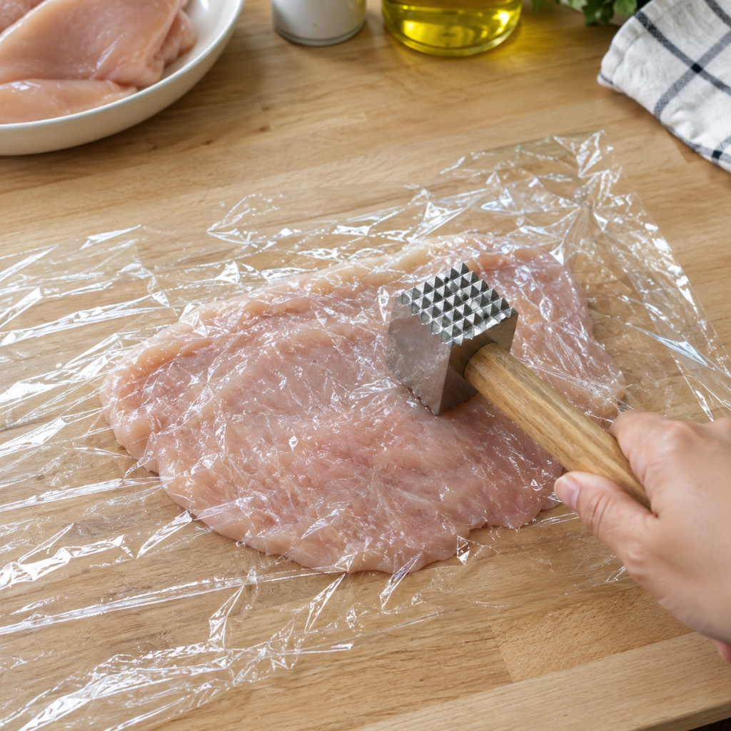 Pounding a chicken breast flat between plastic wrap for herbed ricotta stuffed chicken rolls