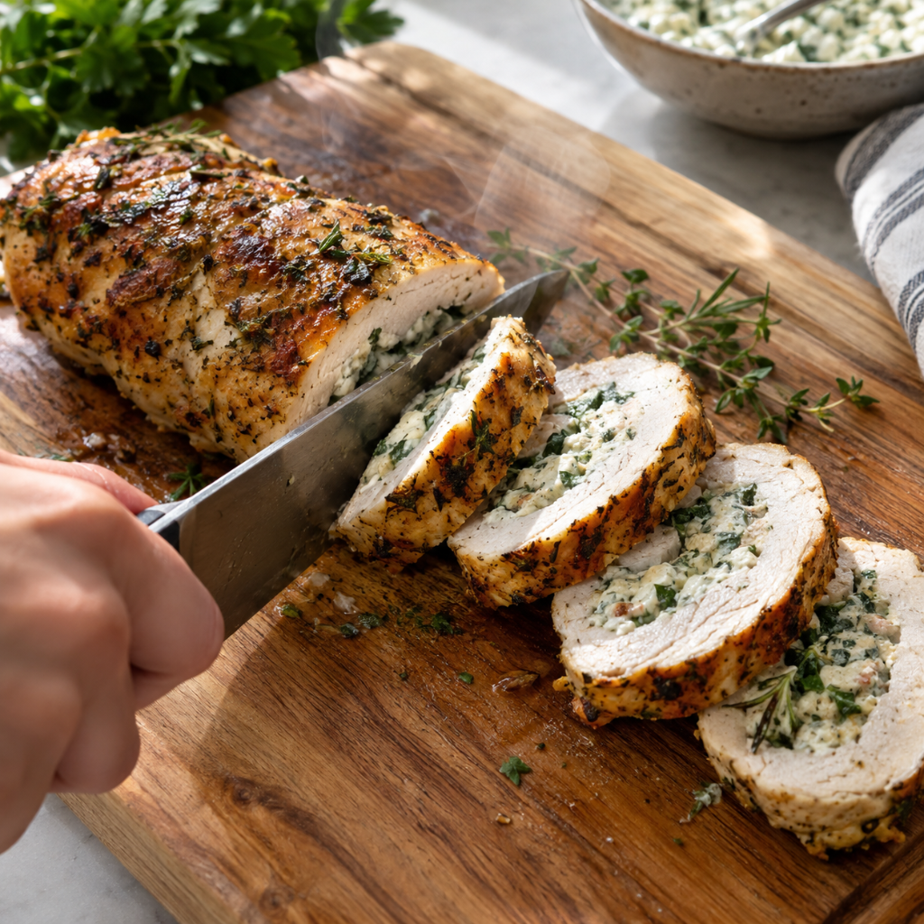 Slicing a cooked herbed ricotta stuffed chicken roll into medallions showing the creamy filling