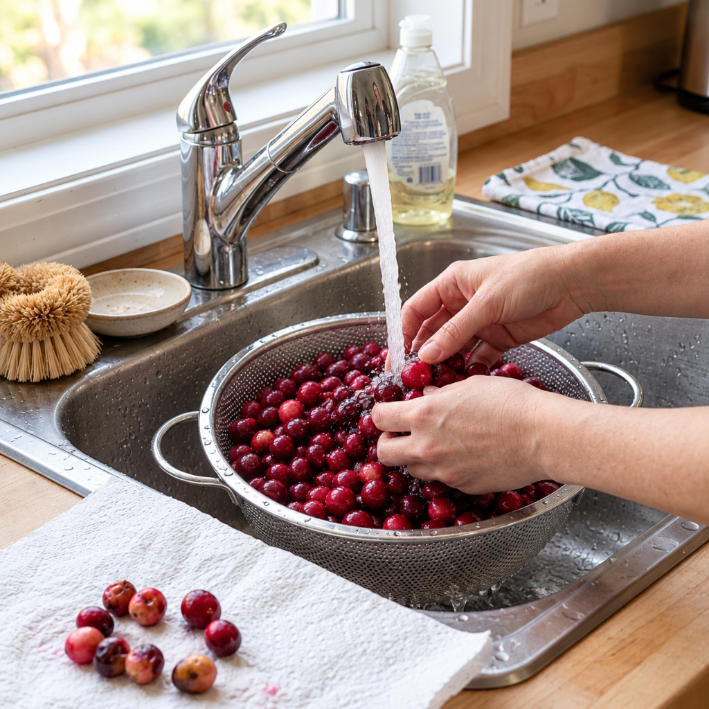A candid first-person angle of a pair of hands washing fresh cranberries in a metal colander placed inside a stainless steel kitchen sink, with a stream of water running from the faucet and a few rinsed cranberries resting on a paper towel nearby.