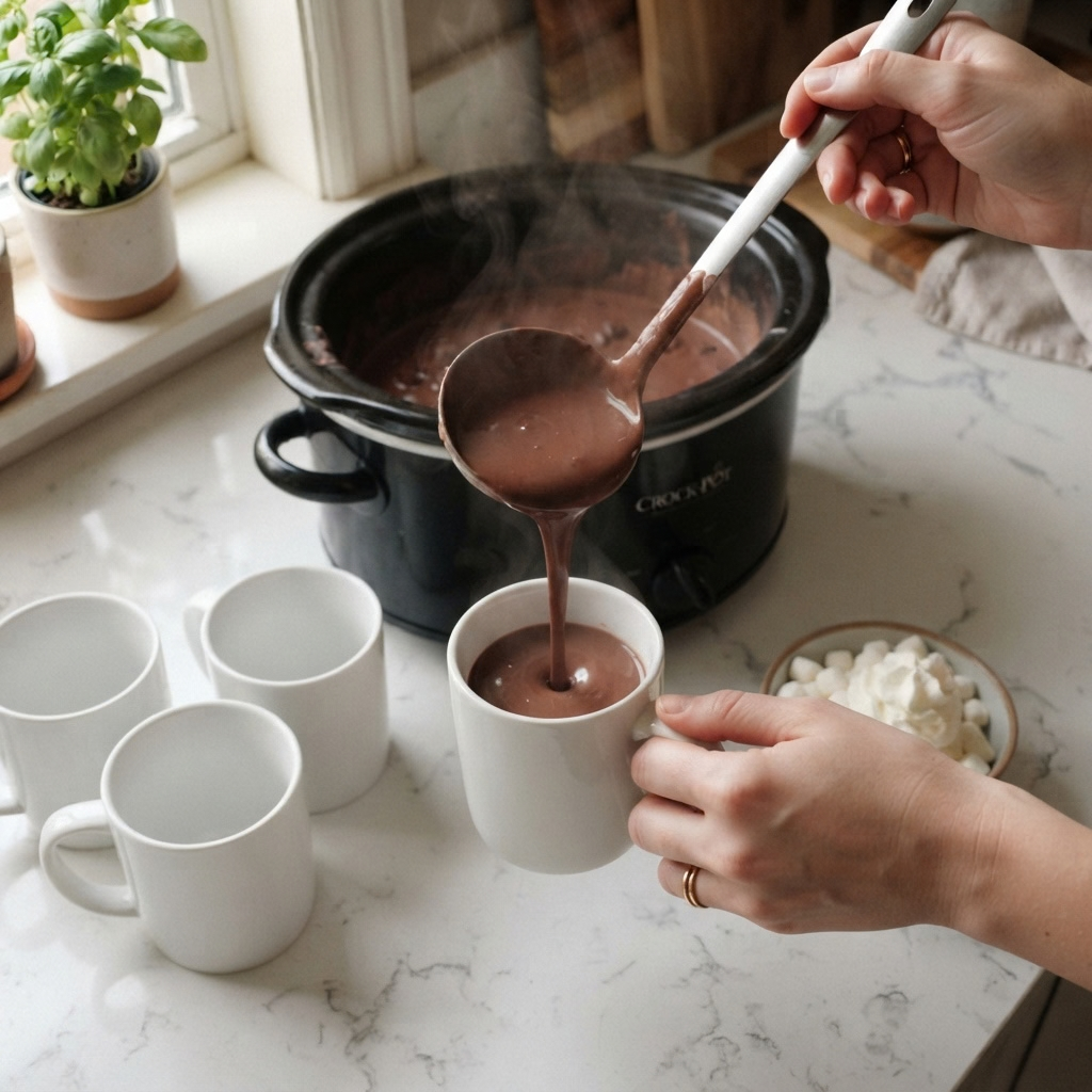 Step 4: Serve and Enjoy!
Serving steaming slow cooker hot chocolate into ceramic cups next to a bowl of mini marshmallows."