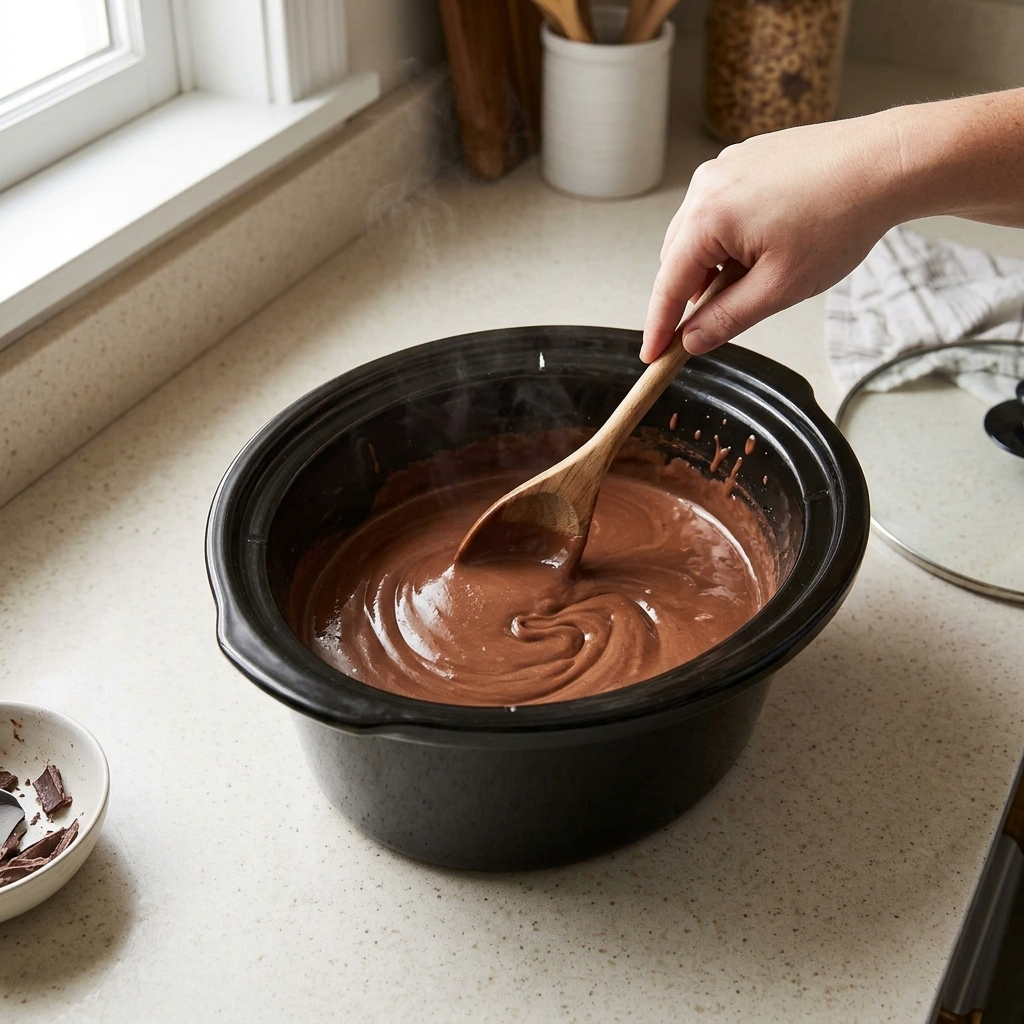 Step 3: Stir and Taste
"Hand stirring warm, melted slow cooker hot chocolate with a wooden spoon in a black crock pot near a sunny window."