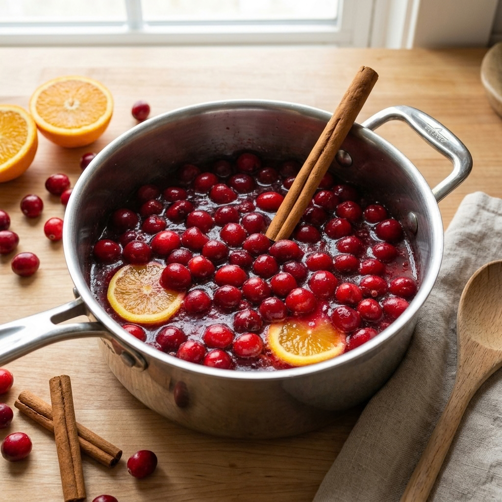 A stainless steel saucepan filled with freshly prepared homemade cranberry sauce, garnished with cinnamon sticks and orange slices, sitting on a wooden countertop next to a wooden spoon and scattered fresh cranberries