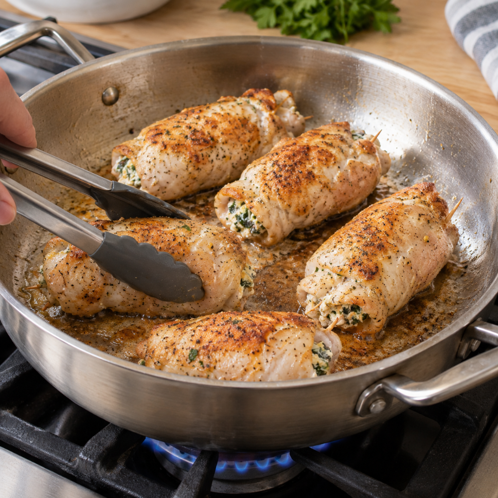 Golden seared Herbed Ricotta Stuffed Chicken Rolls cooking in a stainless steel pan on the stove.