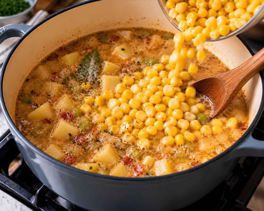 Add the Corn:
Sweet corn kernels being added to simmering potatoes and vegetables while making crab and corn chowder.