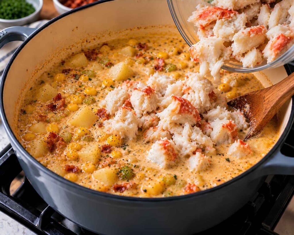 Add the Crab:
Large chunks of crab meat being gently added to creamy corn and potato chowder in a Dutch oven.