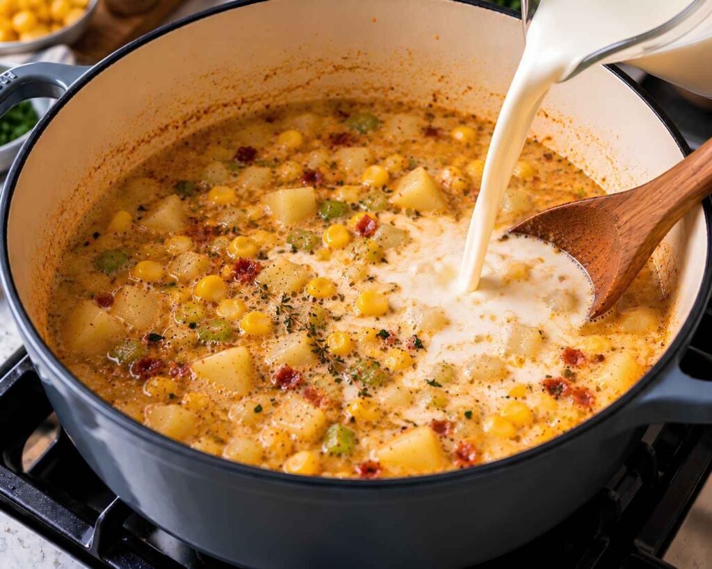 Add the Cream:
Heavy cream being poured into corn and potato chowder in a Dutch oven to create a rich creamy broth.
