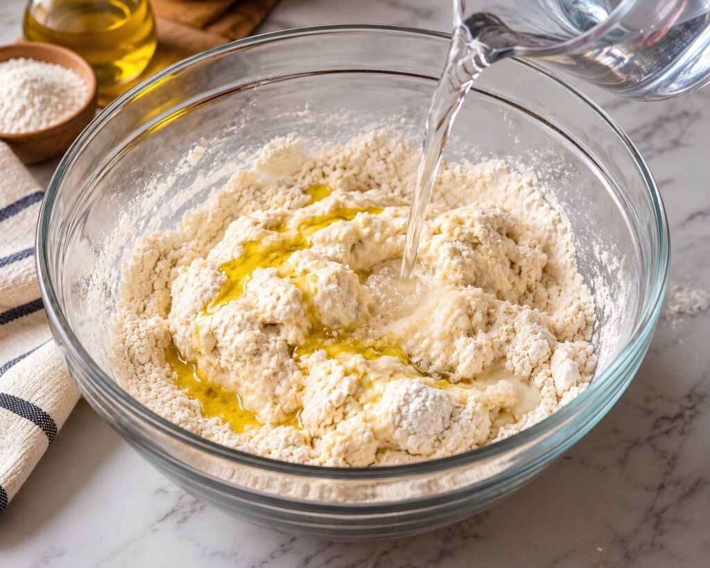 Warm water and olive oil being added to the flour mixture to form a soft flatbread dough.