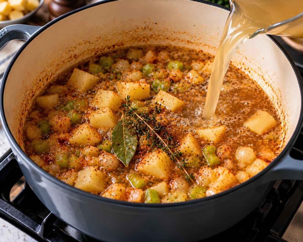 Add the Potatoes and Stock:
Diced potatoes simmering with stock, bay leaf, thyme, onion, and celery in a Dutch oven for crab and corn chowder.