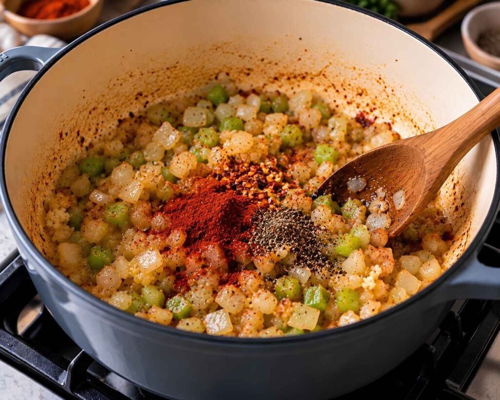 Add the Seasonings:
Smoked paprika, black pepper, and red pepper flakes added to sautéed onion, celery, and garlic in a Dutch oven.
