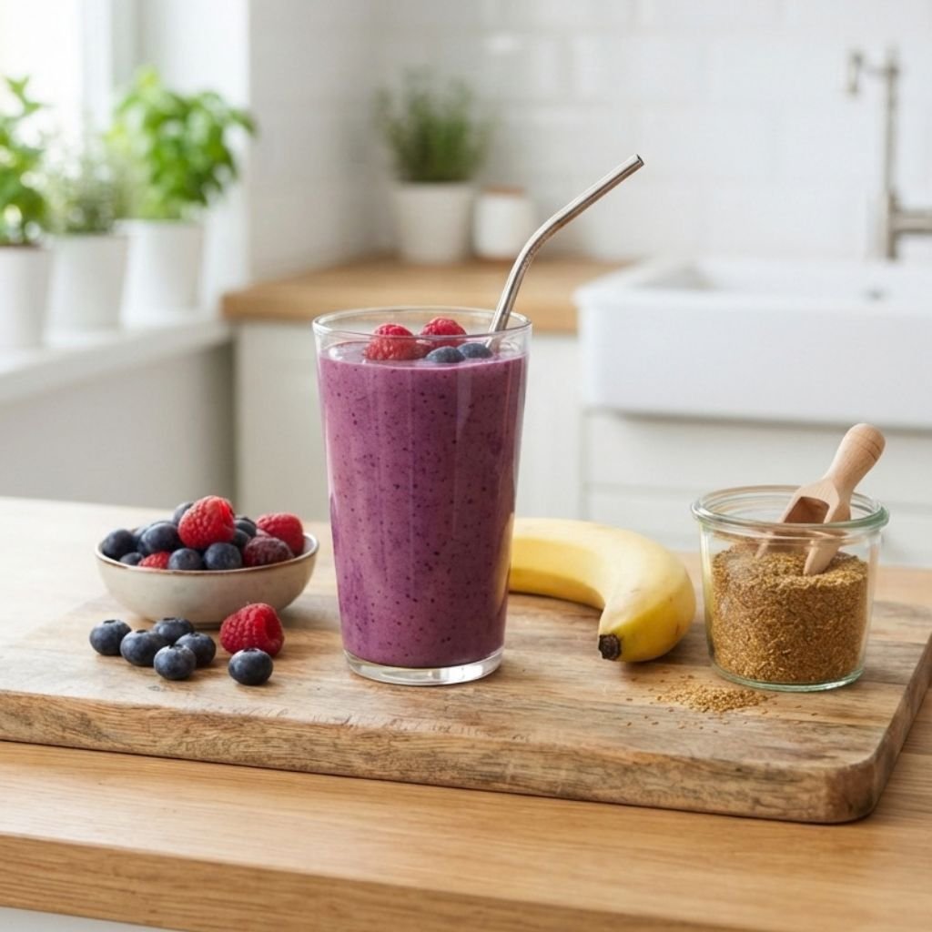 Purple mixed berry smoothie in a glass with fresh berries, banana, and flaxseed on a wooden board