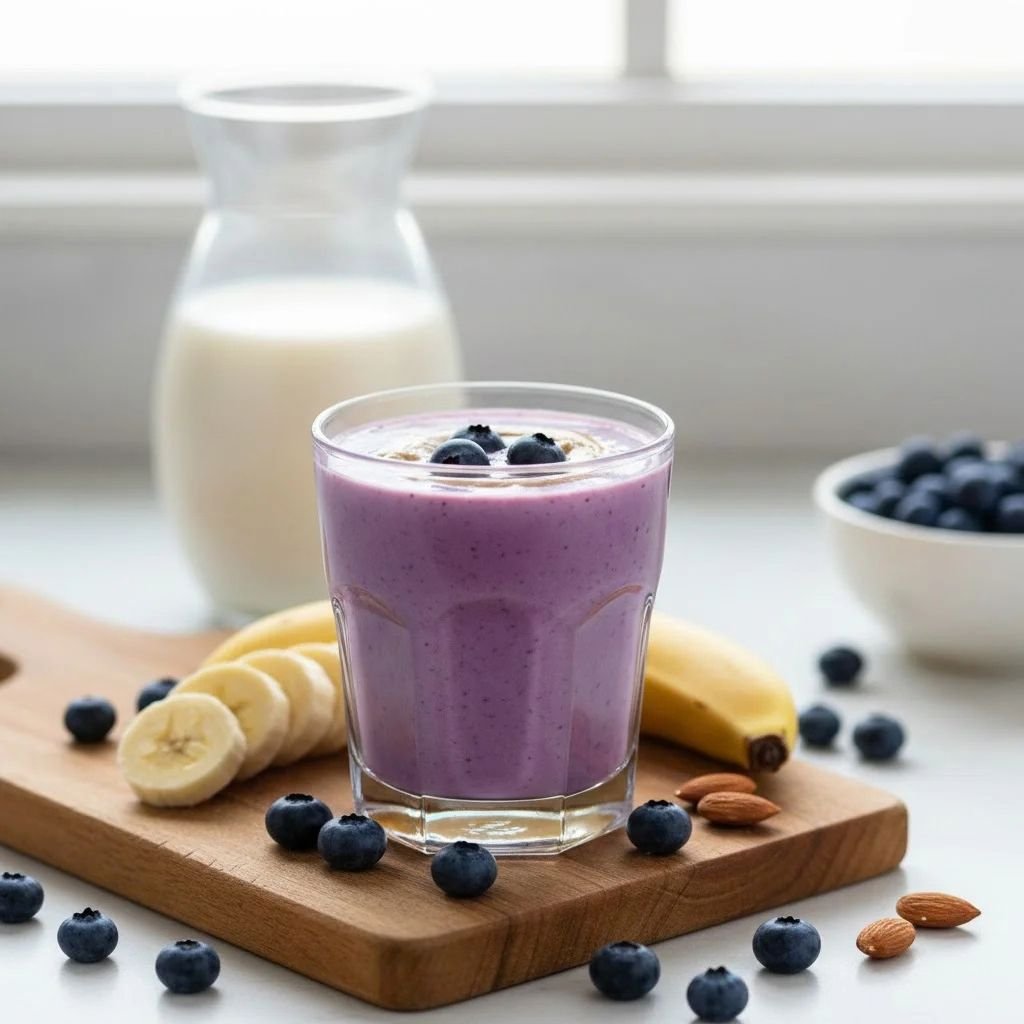 Purple blueberry almond butter smoothie topped with blueberries, next to a bottle of milk, a banana, and a bowl of blueberries