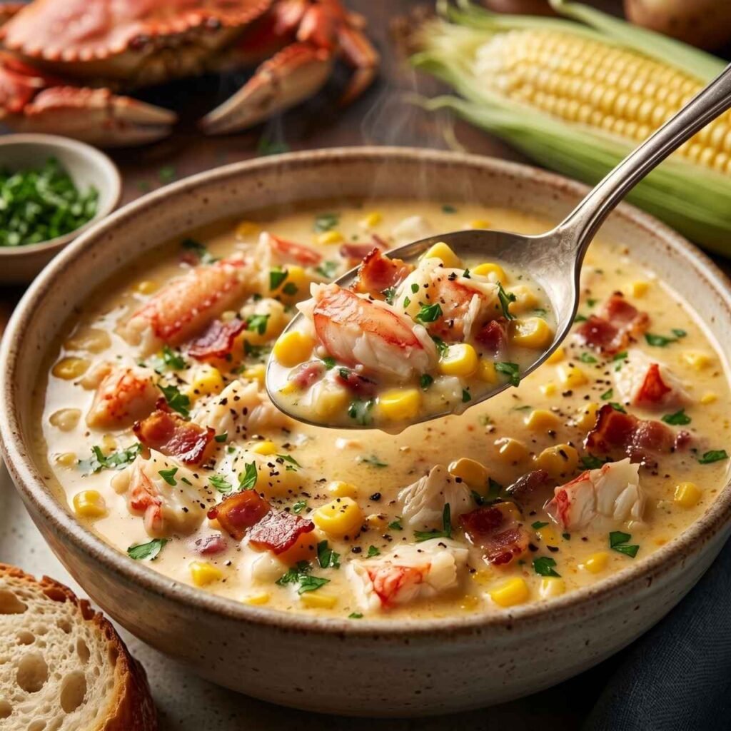 Creamy Bobby Flay crab and corn chowder with tender crab meat, sweet corn, crispy bacon, and fresh herbs in a rich golden broth.