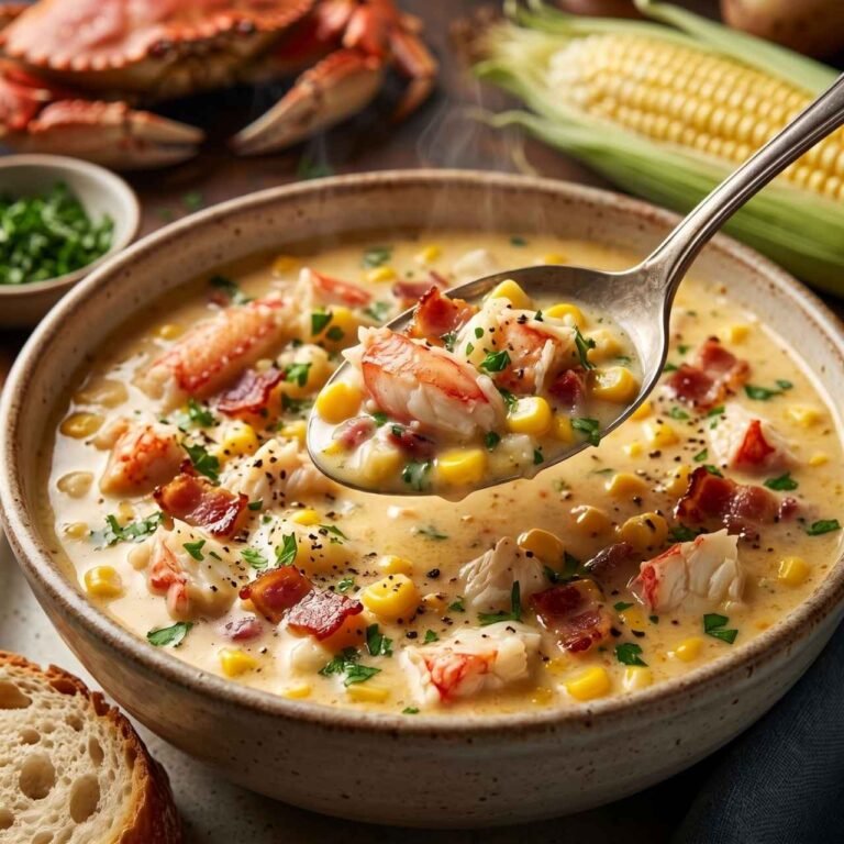 Creamy Bobby Flay crab and corn chowder with tender crab meat, sweet corn, crispy bacon, and fresh herbs in a rich golden broth.
