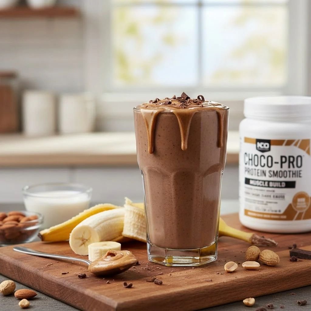 Thick chocolate peanut butter smoothie in a glass with chocolate drizzle, next to banana slices and peanuts on a wooden board