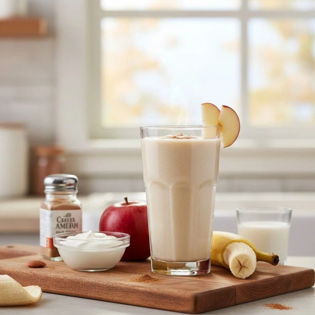 Creamy cinnamon apple smoothie in a glass with an apple slice on the rim, next to yogurt, a banana, and cinnamon