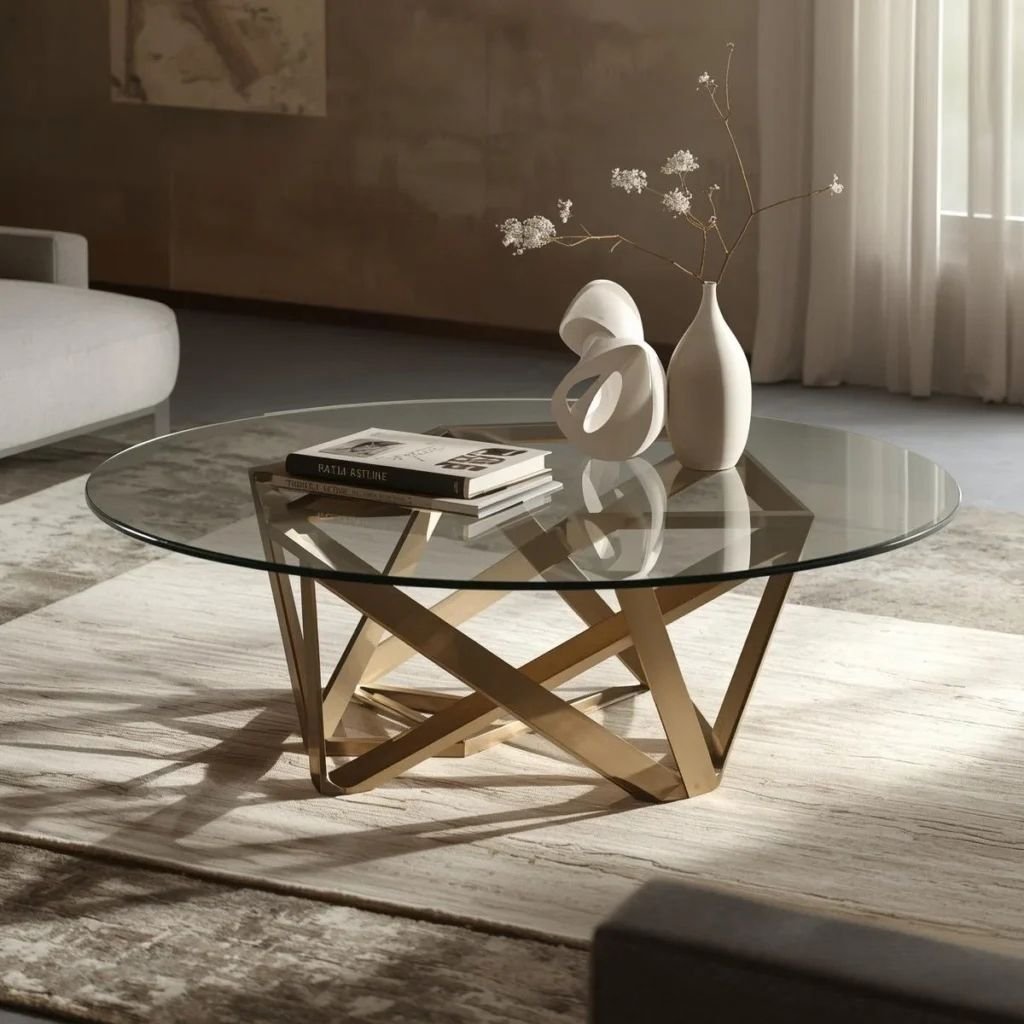  Circular Coffee Table with Geometric Base Glass Top, Metal Base
