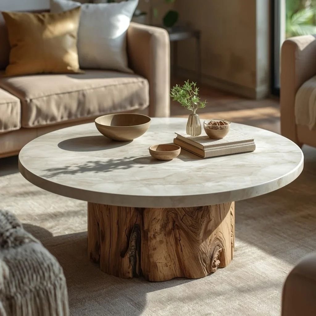 Circular Coffee Table with a Wooden Base and Stone Top Wood Base, Stone Top