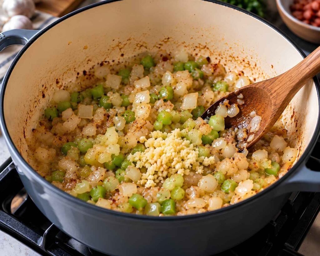 Cook the Aromatics:
Diced onion and celery cooking in bacon fat with freshly minced garlic in a large Dutch oven.