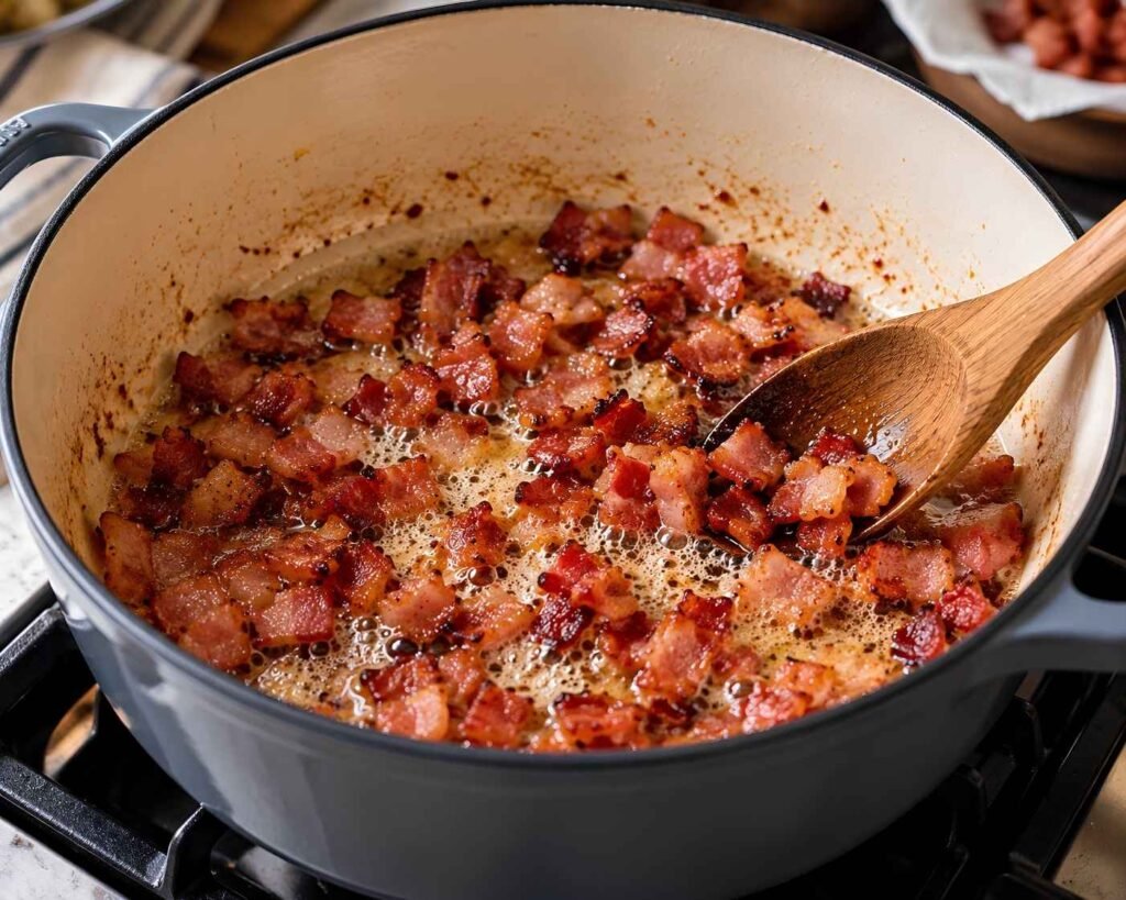 Cook the Bacon:
Chopped bacon cooking until crisp in a Dutch oven, with rendered bacon fat bubbling around the browned pieces.