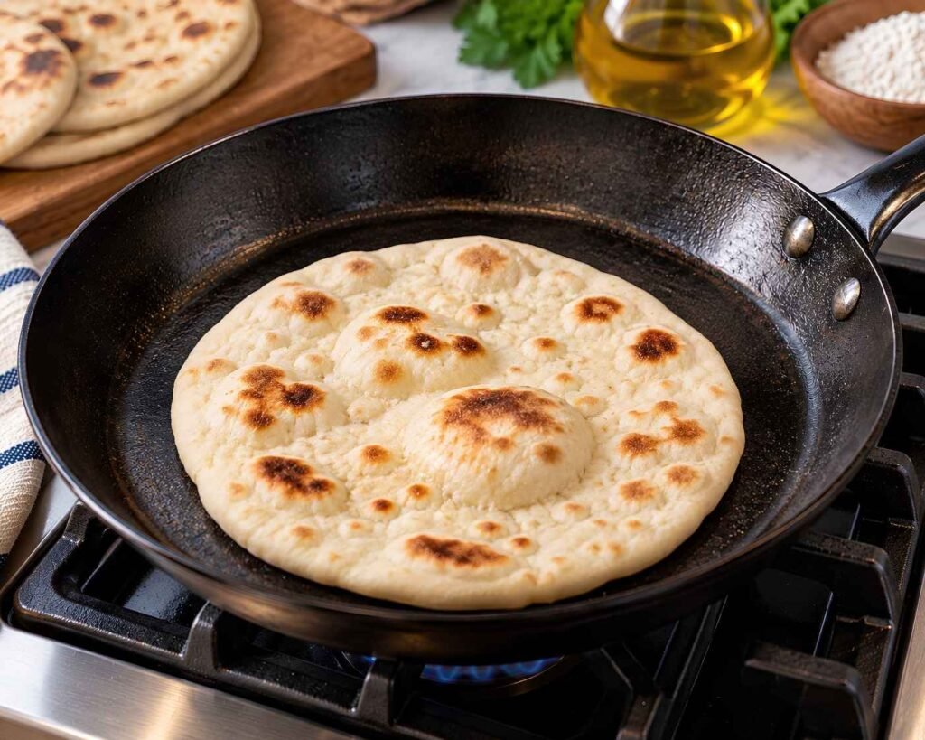 Homemade flatbread cooking in a hot skillet with puffed bubbles and golden brown spots.