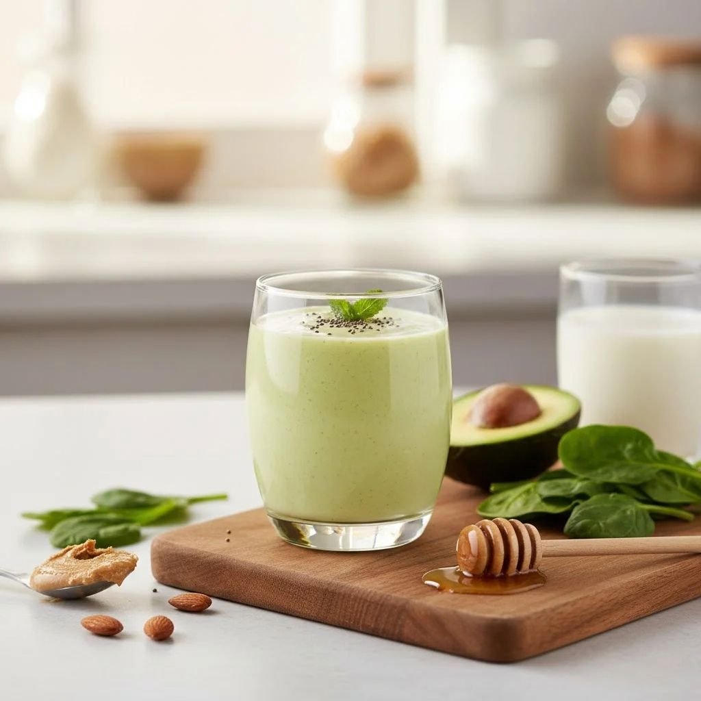Pale green avocado smoothie in a glass, next to half an avocado, spinach leaves, and a honey dipper on a wooden board