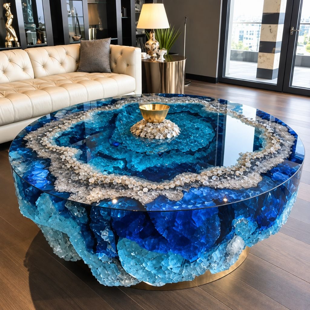 Crystal Statement, Resin Art Top, Stone-Inspired Base
