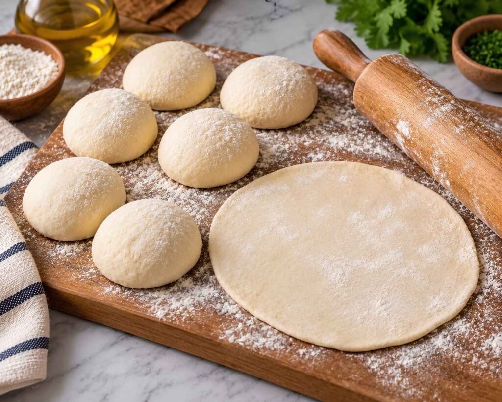 Flatbread dough divided into six equal balls with one portion rolled into a thin round.