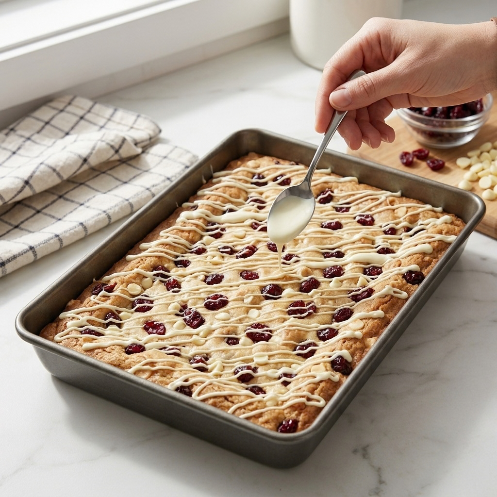 Drizzle & Serve
Once the Cranberry Bliss Bars have cooled, drizzle the white chocolate mixture generously over the top of the bars. Allow the drizzle to set for about 15 minutes before cutting the bars into squares.