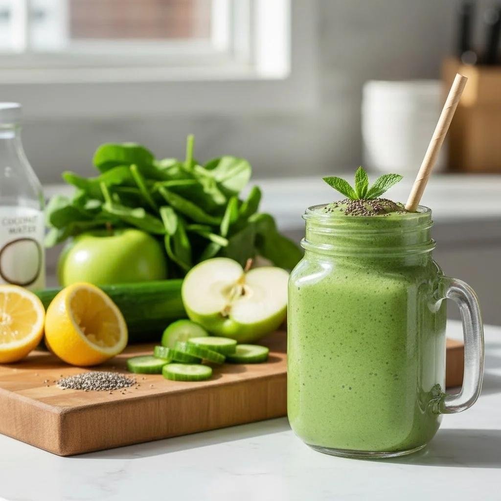 Green smoothie in a glass jar with a straw, next to spinach, lemon halves, green apple, and sliced cucumber