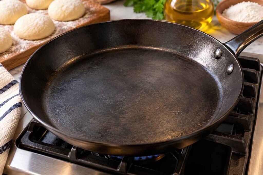 Empty cast iron skillet preheating over medium-high heat before cooking the homemade flatbreads.