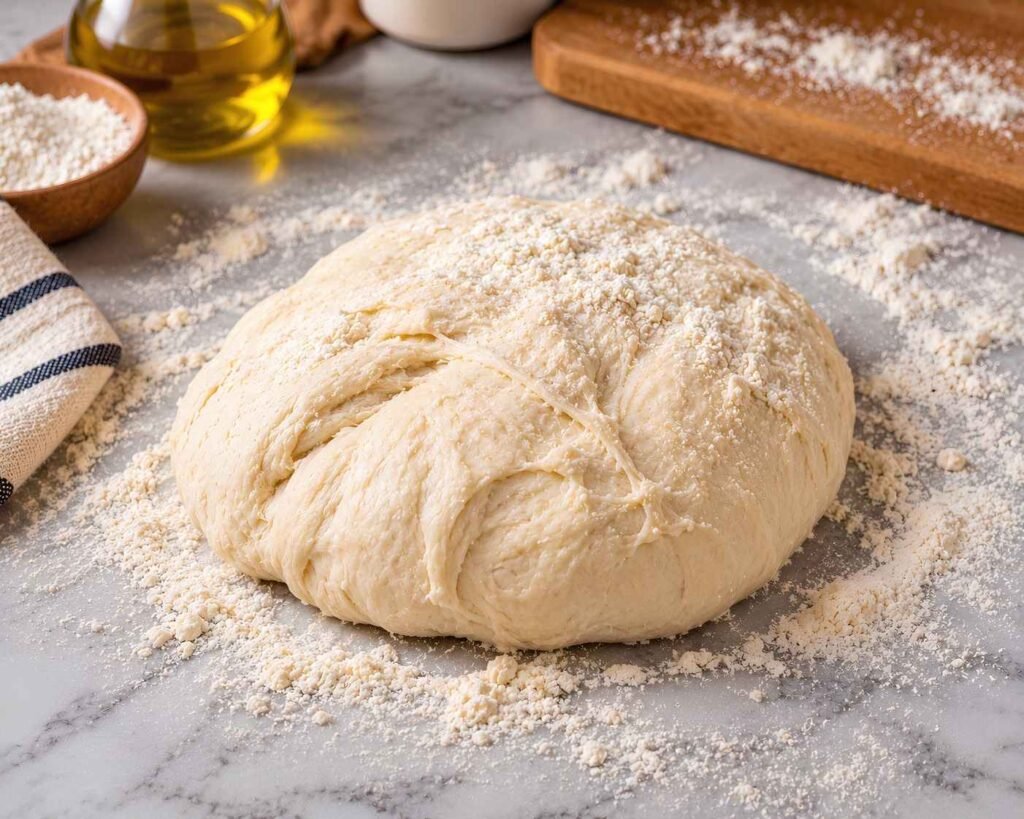 Soft homemade flatbread dough being kneaded on a lightly floured kitchen surface until smooth.