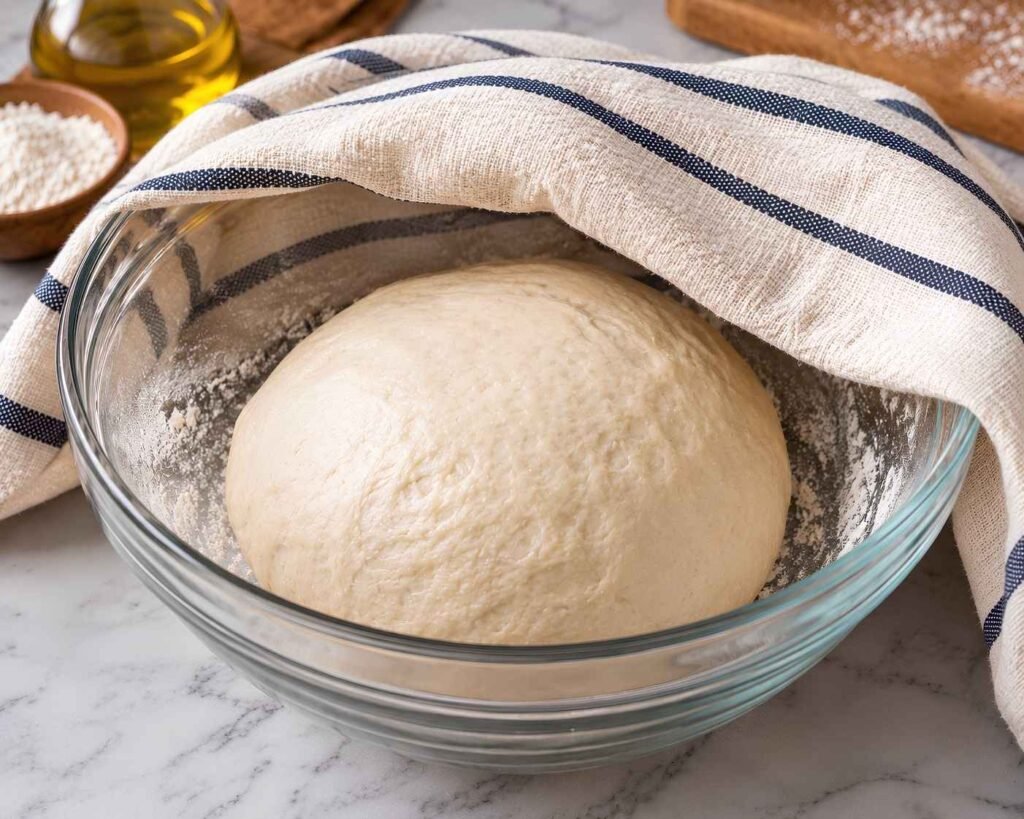Smooth flatbread dough resting in a glass bowl under a clean kitchen towel before rolling.