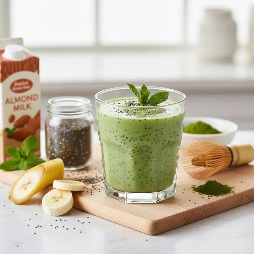 Green matcha smoothie in a glass with a mint leaf, next to a bamboo whisk, matcha powder, chia seeds, and a banana