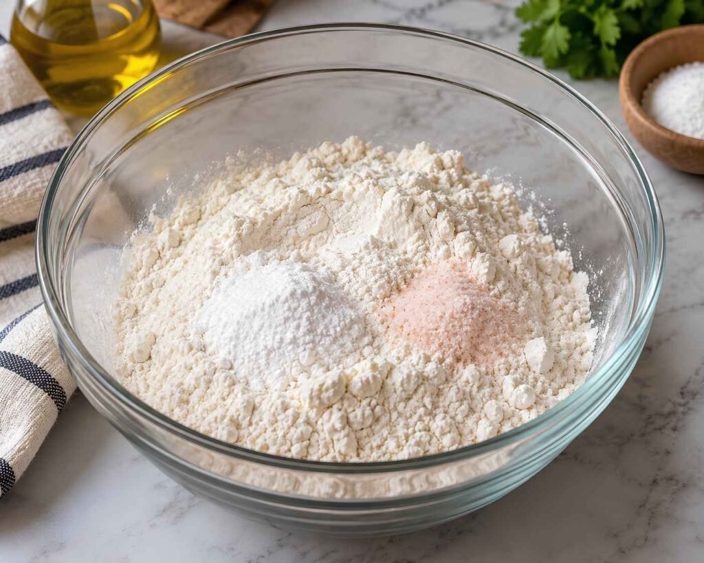 Flour, baking powder, and salt combined in a large glass bowl for homemade flatbread dough.