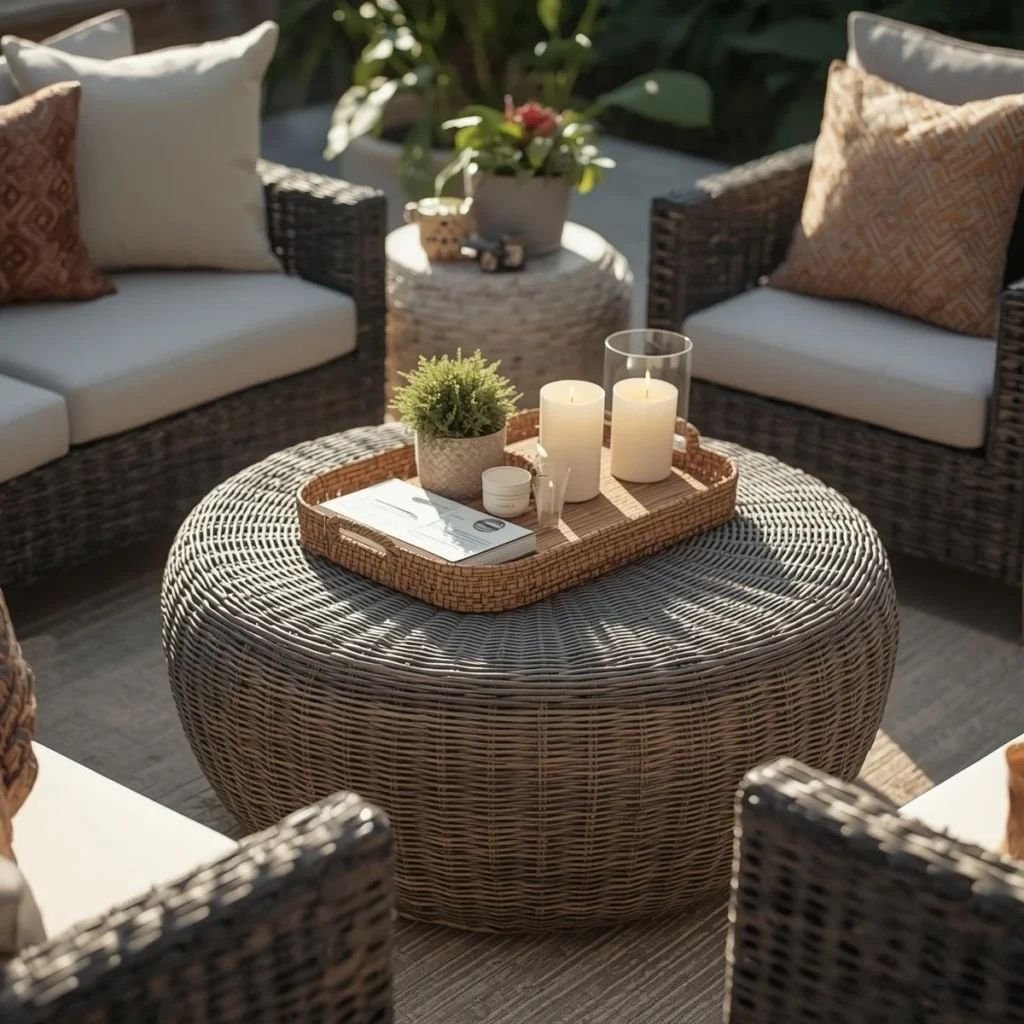 Outdoor Round Coffee Table Wicker, Rattan, or Metal