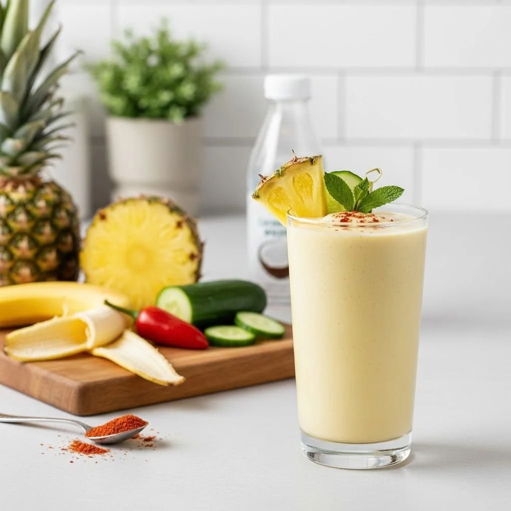 Yellow pineapple smoothie in a glass with a pineapple wedge, next to cucumber slices, a red chili, and a whole pineapple