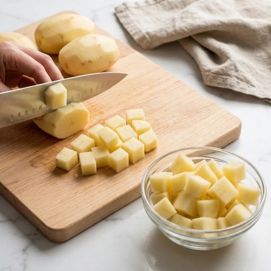 Peel the potatoes and cut them into ¾-inch cubes. Keep them roughly the same size so they cook evenly.