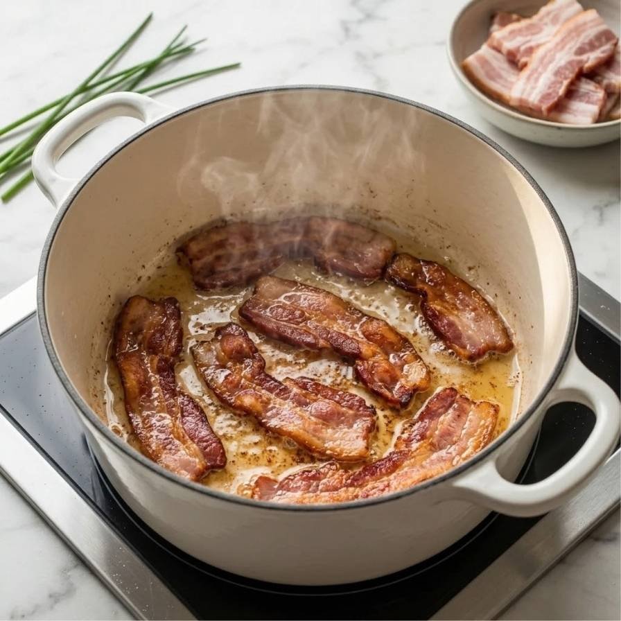 Cook the bacon in a large heavy pot over medium heat until crisp, about 8 minutes, turning once.