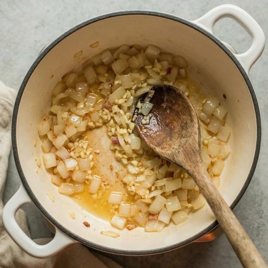 Add the chopped onion to the bacon fat and cook over medium heat for about 5 minutes, until soft and translucent.