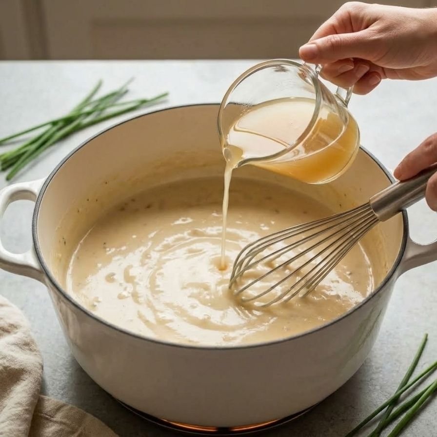 Pour the chicken broth in a thin stream while whisking constantly.