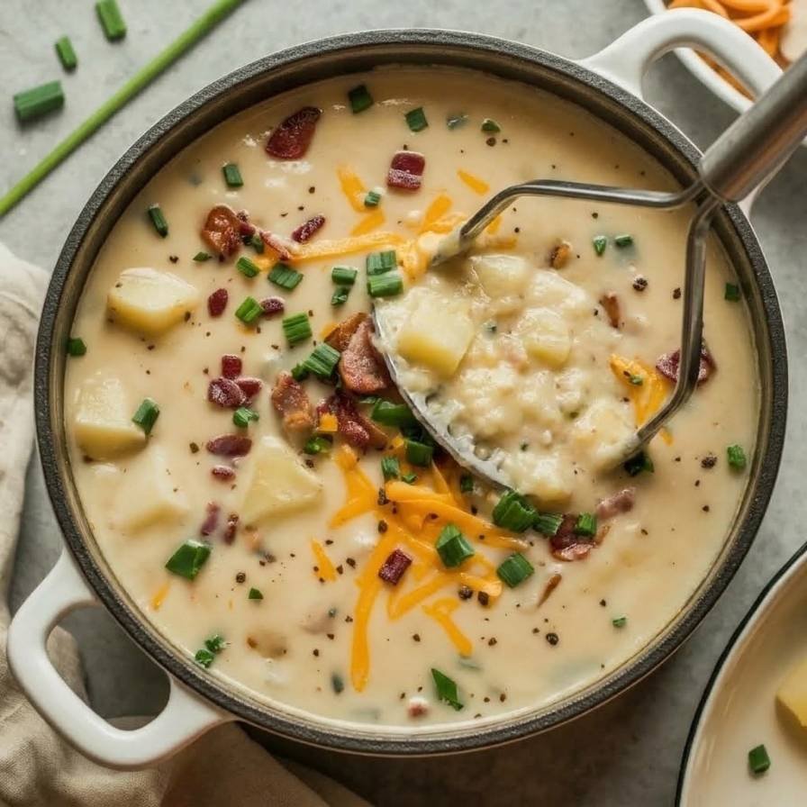 Turn off the heat. Using a potato masher, mash roughly a third of the potatoes directly in the pot.