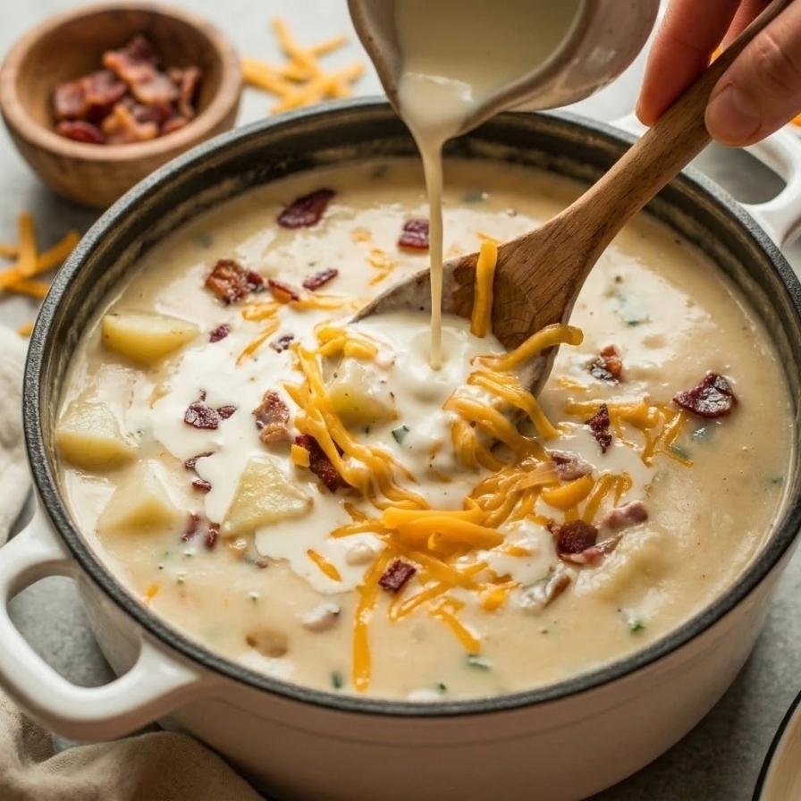 With the heat off or on the lowest possible setting, stir in the heavy cream.