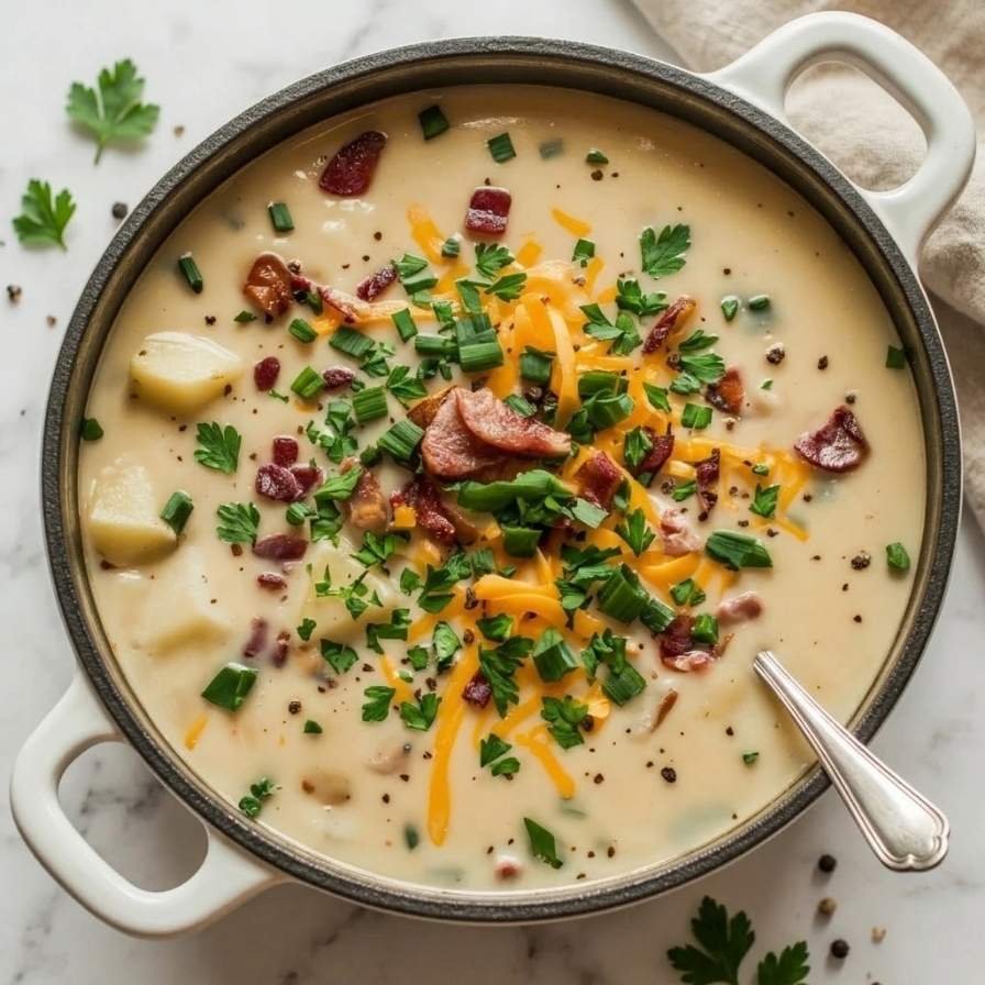 Hold back on salt until now. Bacon, broth, and cheddar all bring their own, and the soup is usually closer to seasoned than you expect.