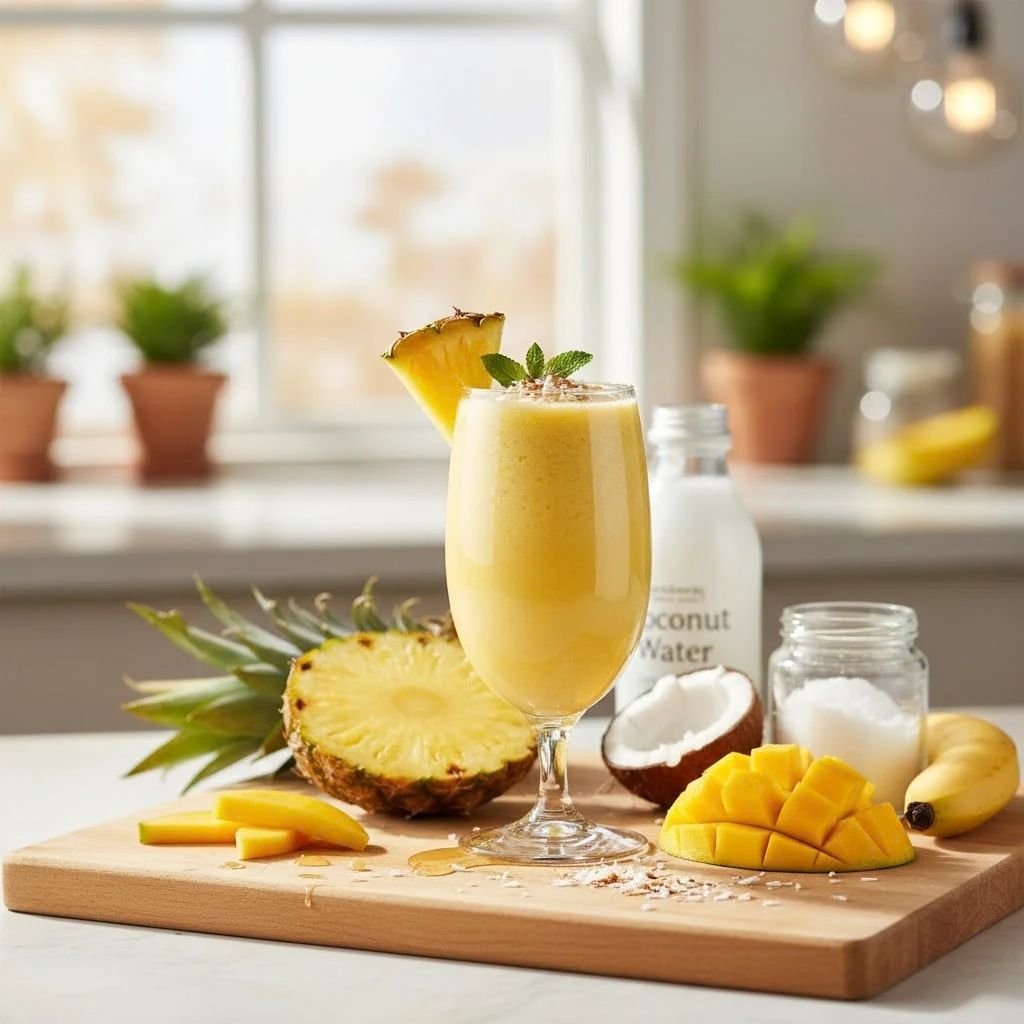 Yellow tropical smoothie in a tall glass with a pineapple wedge, next to fresh mango, banana, and a coconut half