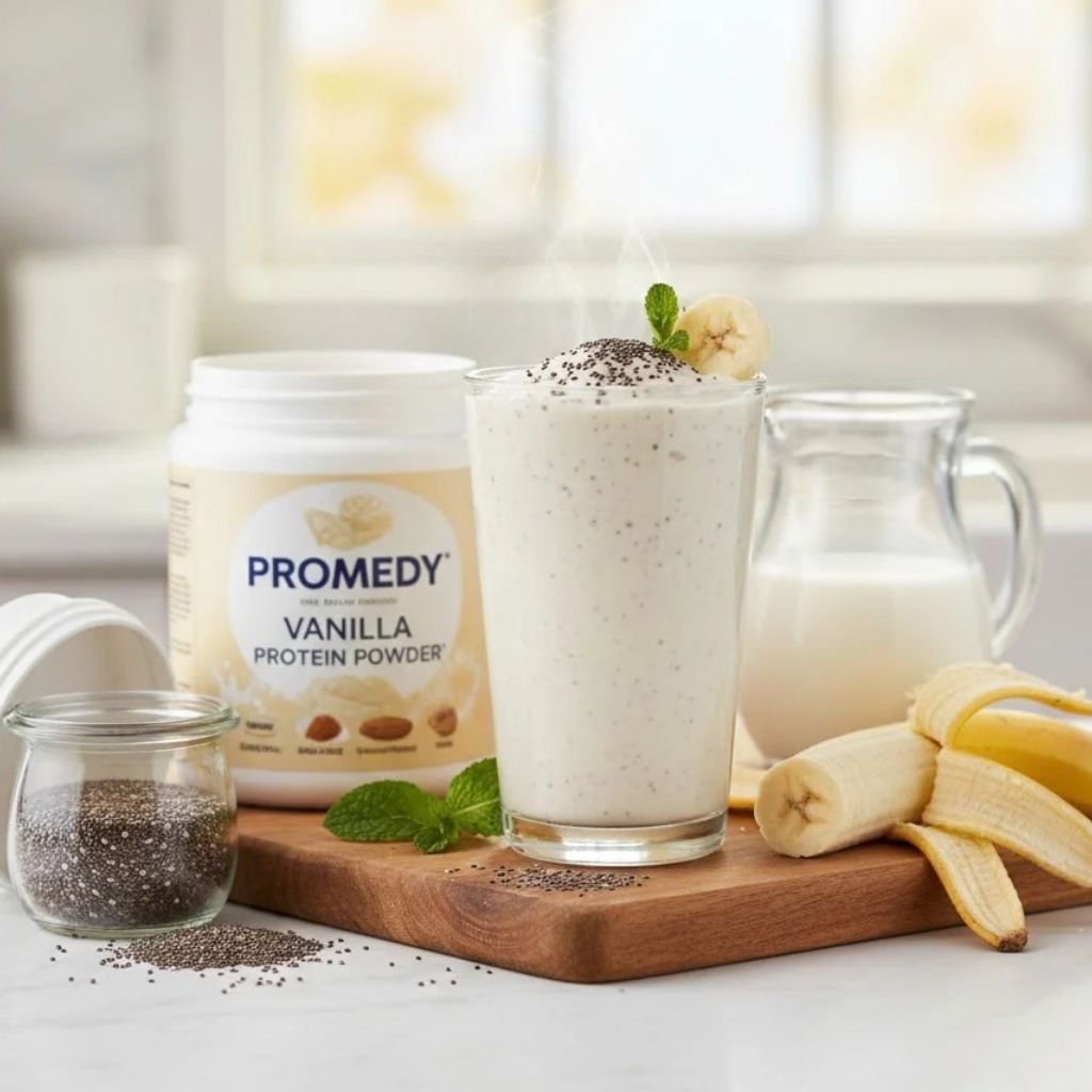 Creamy vanilla chia smoothie in a glass, next to a bowl of chia seeds, banana slices, and a jug of milk