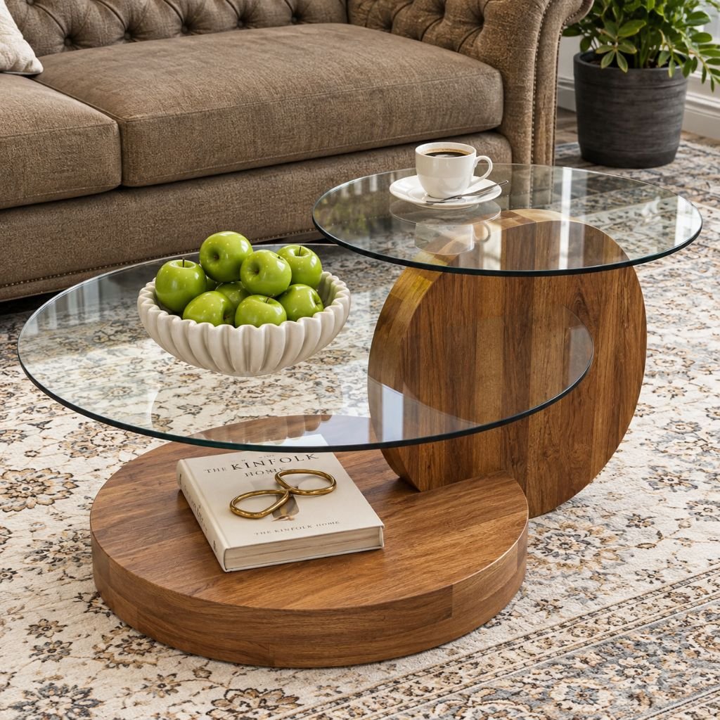 Wood and Glass Round Coffee Table