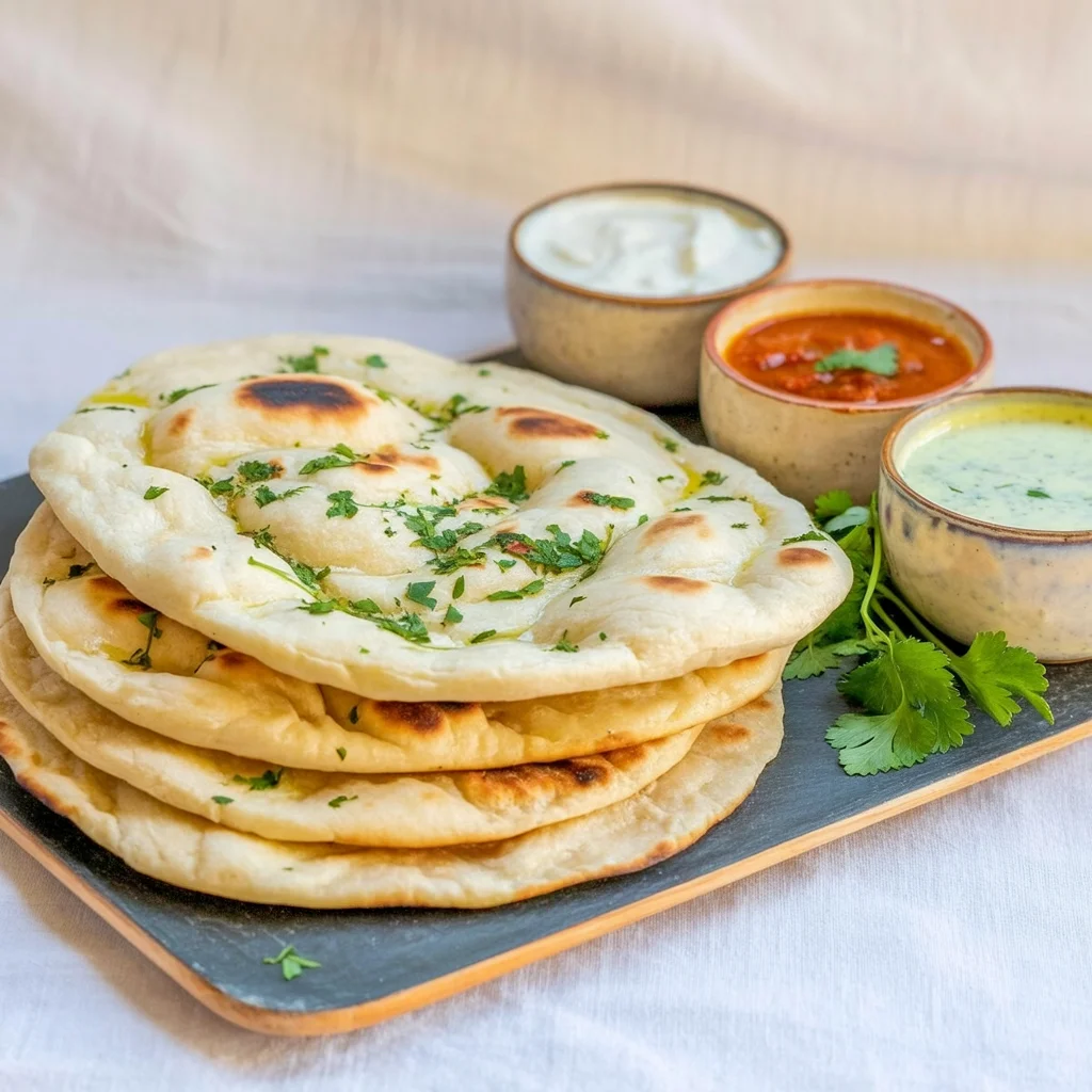 Freshly cooked homemade flatbreads stacked under a clean kitchen towel to keep them soft and warm.