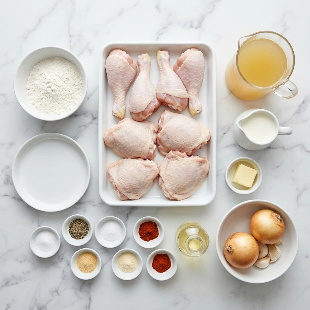 Organized ingredients for chicken in onion gravy on a marble countertop